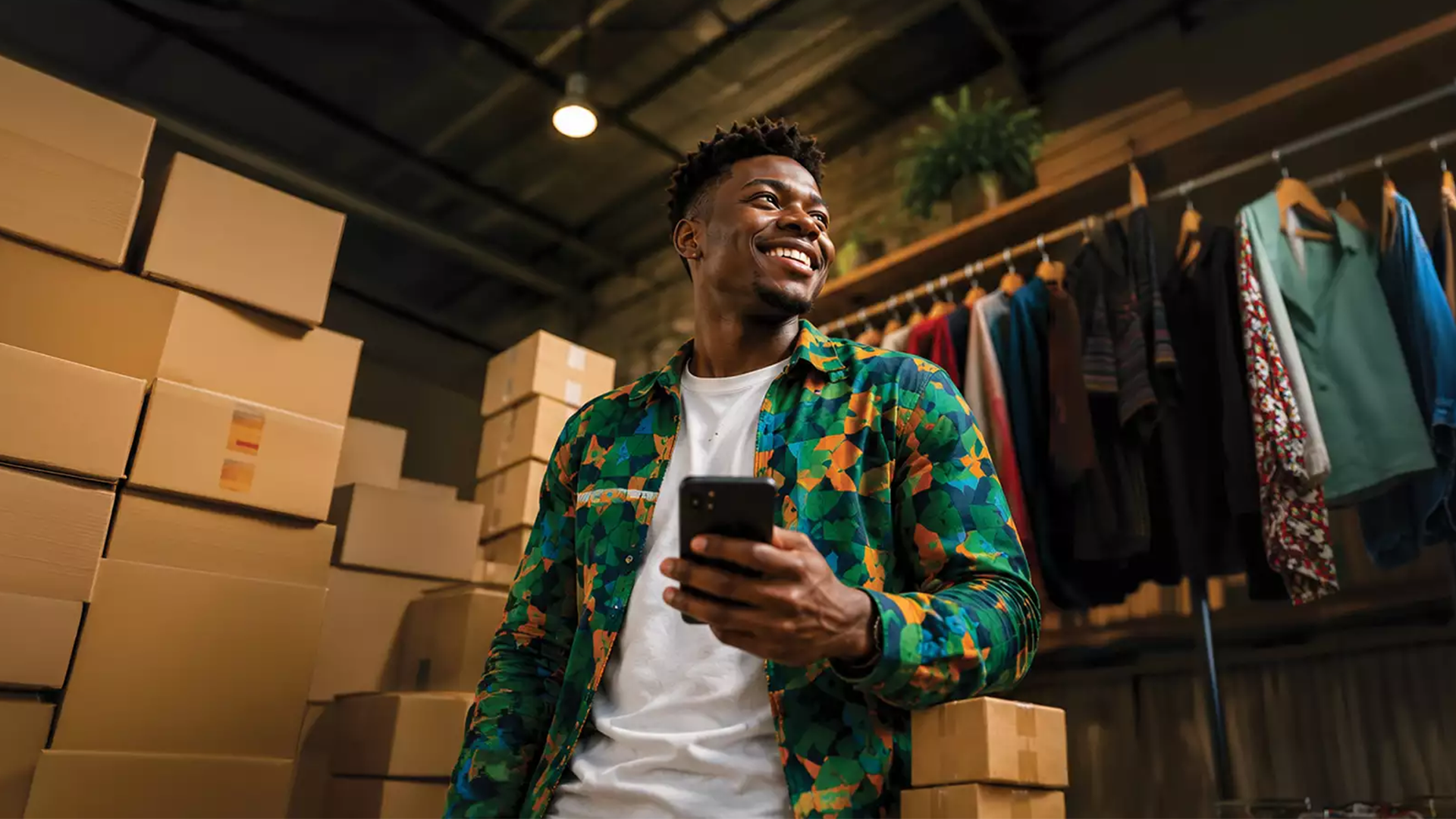 A young business owner smiling as he checks his phone in his stockroom