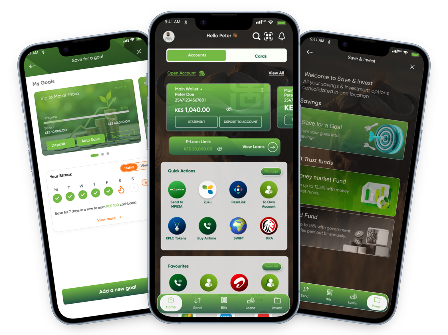 Co-op Bank app screens showing a wallet dashboard, a savings goal and investment options